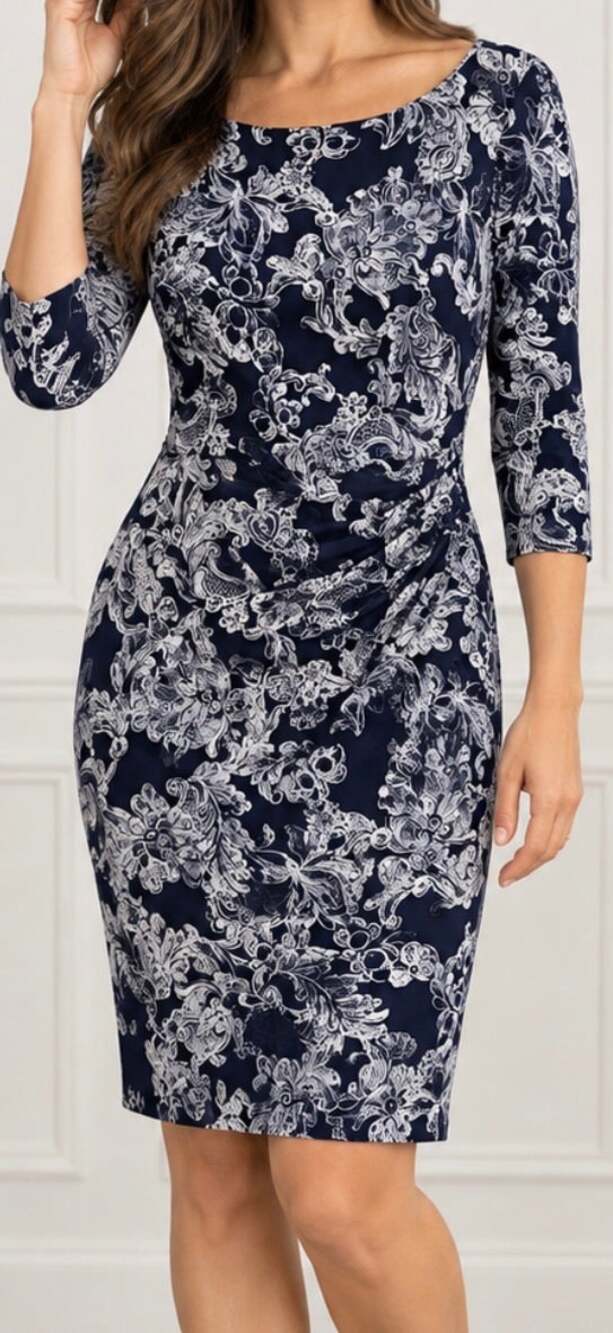 Jessica Howard Navy White Floral Paisley Sheath Dress Size 8